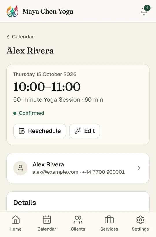 An appointment with Reschedule and Edit