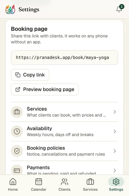 The Booking page settings with Copy link