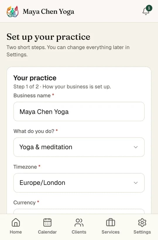 The Set up your practice form