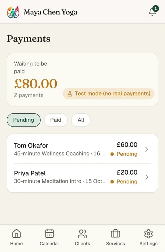 The Payments list