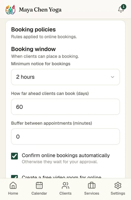 The Booking policies section