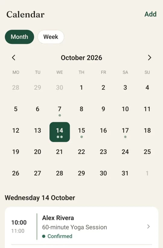 The PranaDesk month calendar with appointment markers