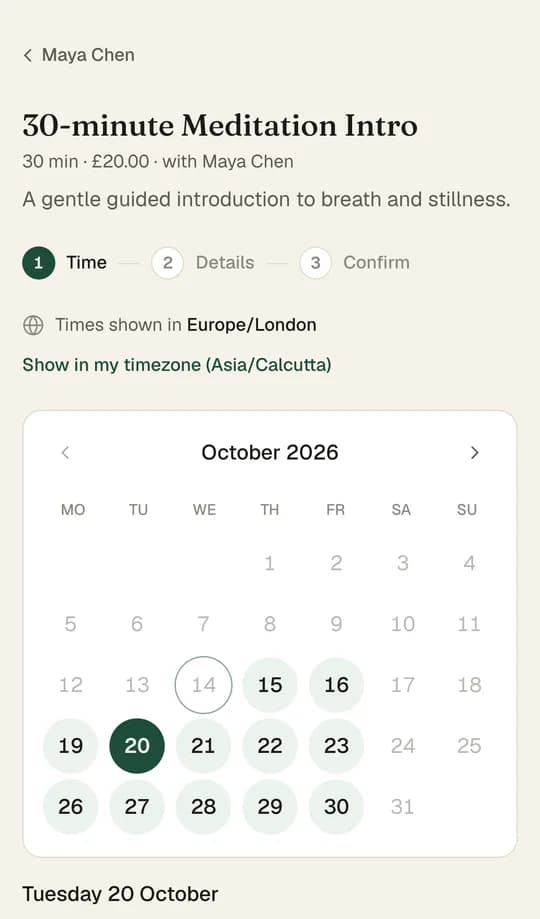 A client choosing a day on a PranaDesk booking page